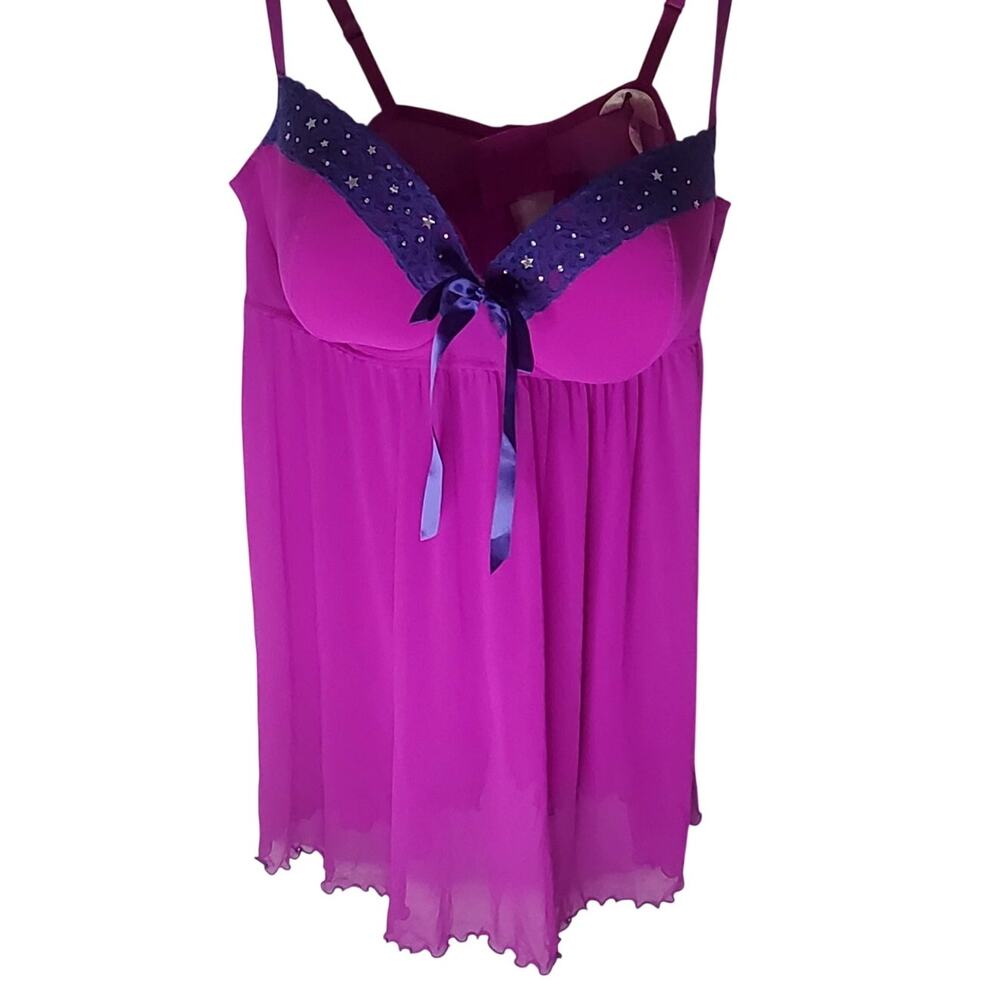 Cacique Plus Babydoll Nightgown 26/28 Pink Star Lace Built In Bra Y2K Coquette